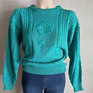 Vintage Rainbow Ridge Teal Rose Sweater 80s Cable Knit Embroidered Floral Sz S